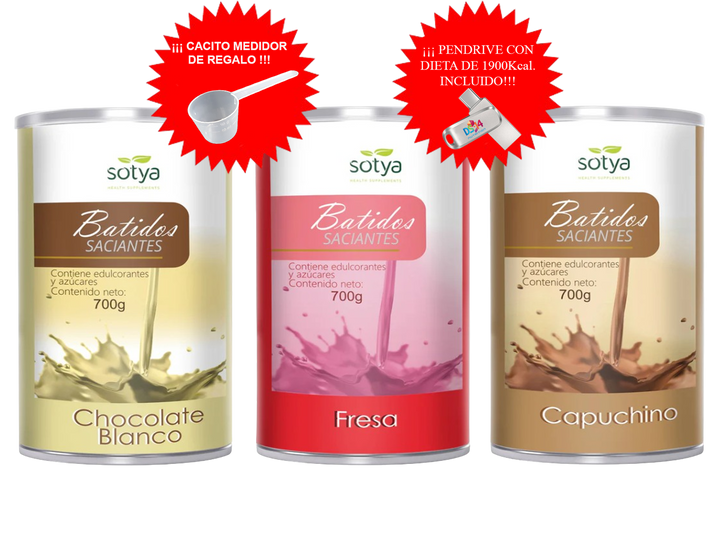 PACK AHORRO 3 BATIDOS + CACITO MEDIDOR + DIETA 1900Kcal.