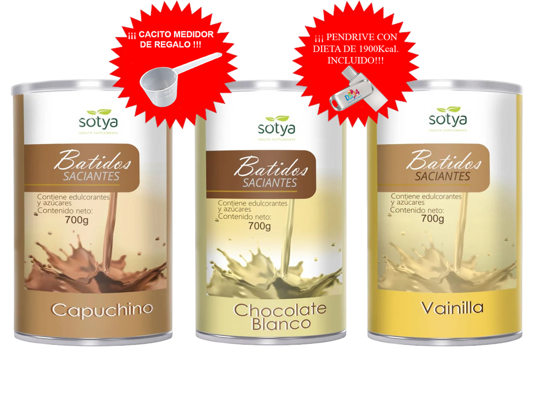 PACK AHORRO 3 BATIDOS + CACITO MEDIDOR + DIETA 1900Kcal.