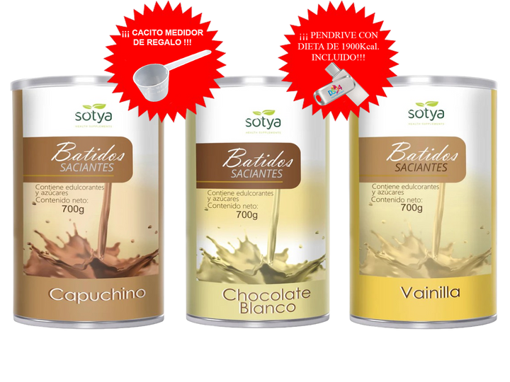 PACK AHORRO 3 BATIDOS + CACITO MEDIDOR + DIETA 1900Kcal.