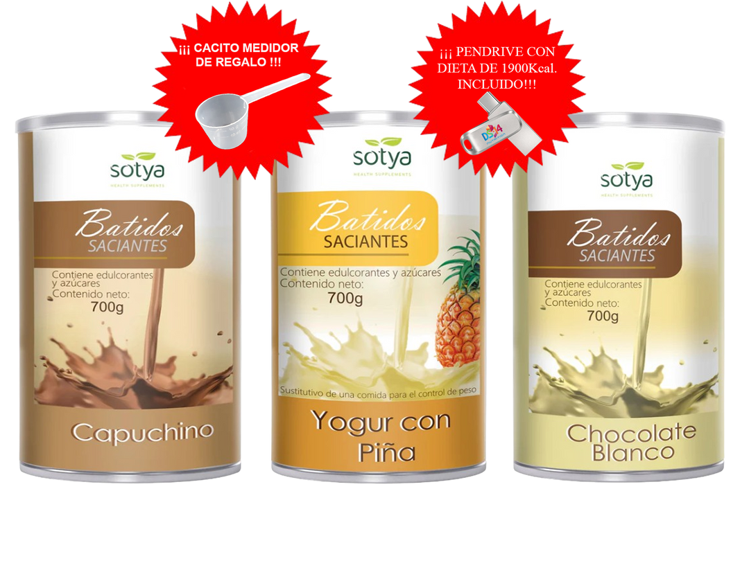 PACK AHORRO 3 BATIDOS + CACITO MEDIDOR + DIETA 1900Kcal.