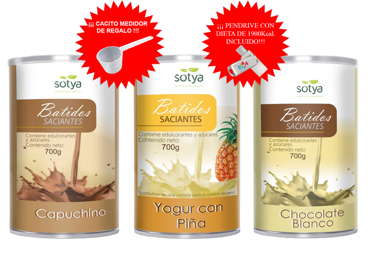 PACK AHORRO 3 BATIDOS + CACITO MEDIDOR + DIETA 1900Kcal.