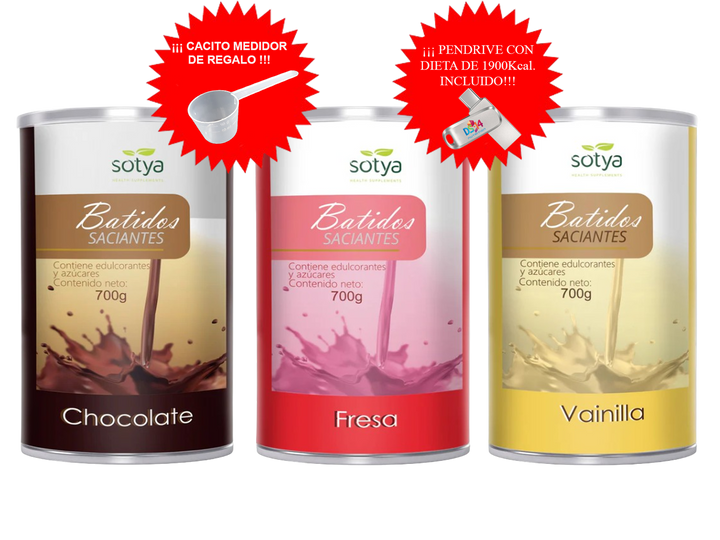 PACK AHORRO 3 BATIDOS + CACITO MEDIDOR + DIETA 1900Kcal.