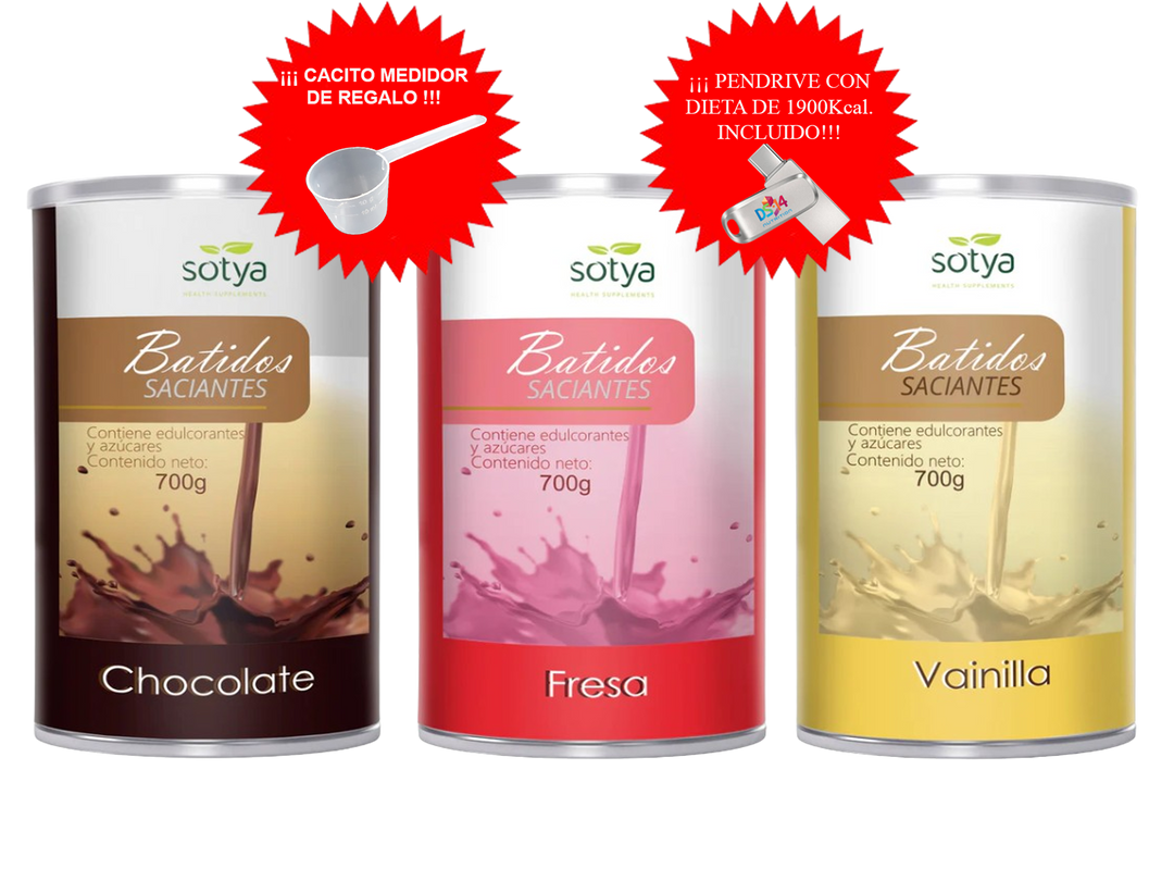 PACK AHORRO 3 BATIDOS + CACITO MEDIDOR + DIETA 1900Kcal.