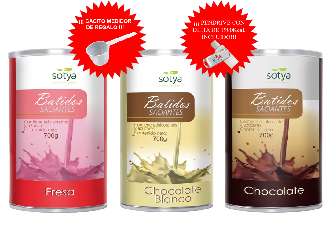PACK AHORRO 3 BATIDOS + CACITO MEDIDOR + DIETA 1900Kcal.