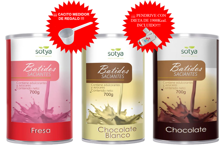PACK AHORRO 3 BATIDOS + CACITO MEDIDOR + DIETA 1900Kcal.